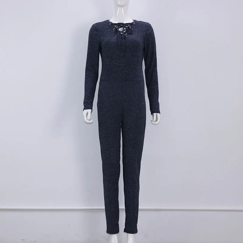 Rompers Women Jumpsuit 2026 New Fashion Long Sleeve Sexy V Cross Bandage Neck Knitted Bodycon Long Pant Slim Sweater Jumpsuits