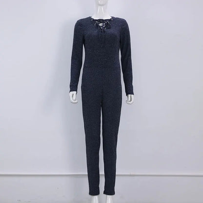 Rompers Women Jumpsuit 2026 New Fashion Long Sleeve Sexy V Cross Bandage Neck Knitted Bodycon Long Pant Slim Sweater Jumpsuits