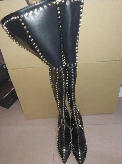 Sexy Green Blue Suede Gold Studs Women Over The Knee Boots Ladies High Heel Thick Slip On Point Toe Rivets Motorcycle Botas