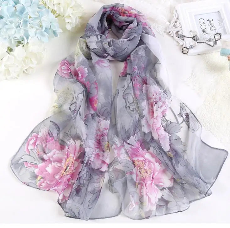 Hot Fashion Summer Chiffon Georgette Scarf Parrot Peony Print Women Foulard Long Shawl&Wrap Bandana Elegant Thin 50*160cm M163
