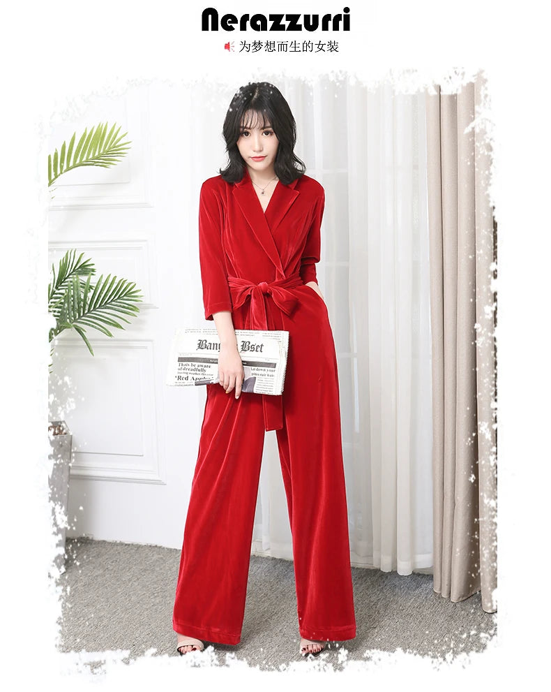 Nerazzurri Spring Autumn Long Soft Flowy Red Velvet Jumpsuit Women with Sleeves Sashes Maxi Black Wide Leg Floor Length Clothes