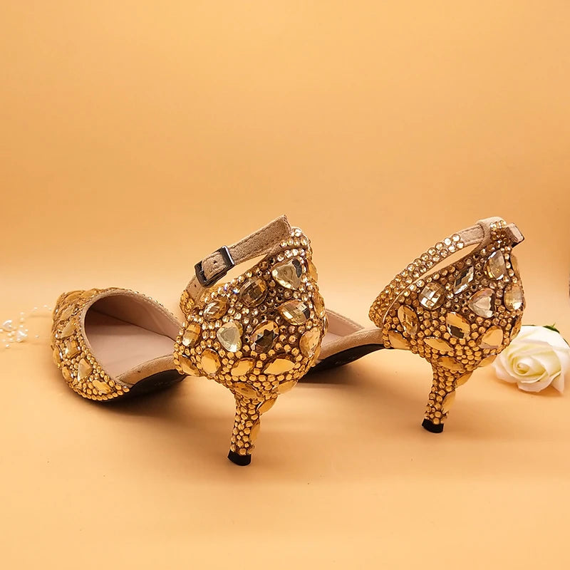 Customized Champagne Golden crystal women Wedding shoes Rhinestone high heels ankle strap shoes women party dress shoes