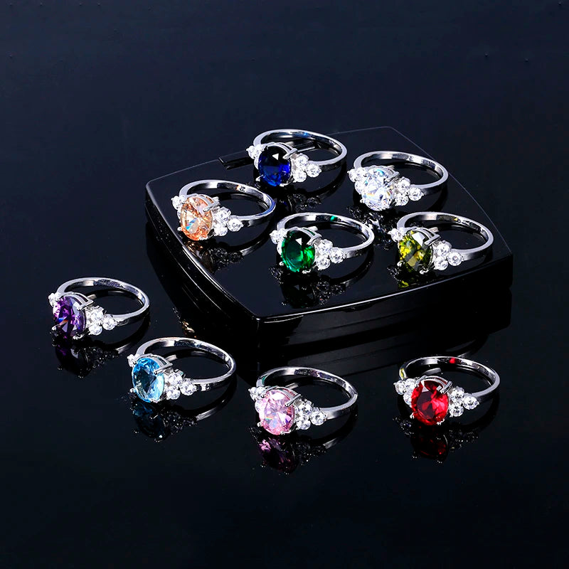 Silver Plated Rings for Woman AAA Oval Olive Zircon Ring Multi-color Gemstone Fashion Luxury Jewelry Wedding Engagement Gift
