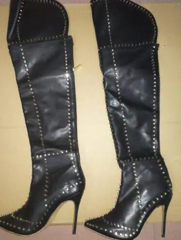 Sexy Green Blue Suede Gold Studs Women Over The Knee Boots Ladies High Heel Thick Slip On Point Toe Rivets Motorcycle Botas