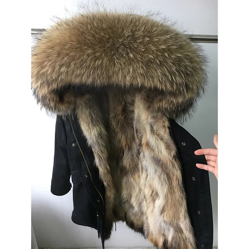 Maomaokong 2026 New Natural Fur Lining Real Fur Coat Winter Jacket Women Raccoon Fur Collar Warm Thick Parkas Female Clothing