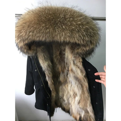 Maomaokong 2026 New Natural Fur Lining Real Fur Coat Winter Jacket Women Raccoon Fur Collar Warm Thick Parkas Female Clothing