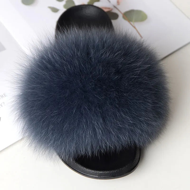 Women Summer Casual Fluffy Slippers With Fur Flat Non-Slip Real Fox Fur Furry Slides Large Size Shoes Fur Sandals