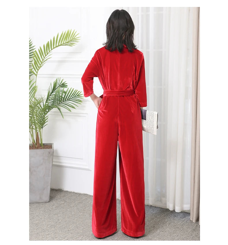 Nerazzurri Spring Autumn Long Soft Flowy Red Velvet Jumpsuit Women with Sleeves Sashes Maxi Black Wide Leg Floor Length Clothes