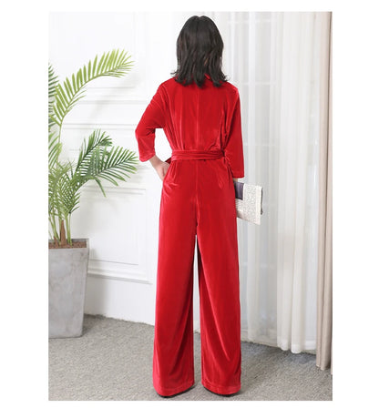Nerazzurri Spring Autumn Long Soft Flowy Red Velvet Jumpsuit Women with Sleeves Sashes Maxi Black Wide Leg Floor Length Clothes