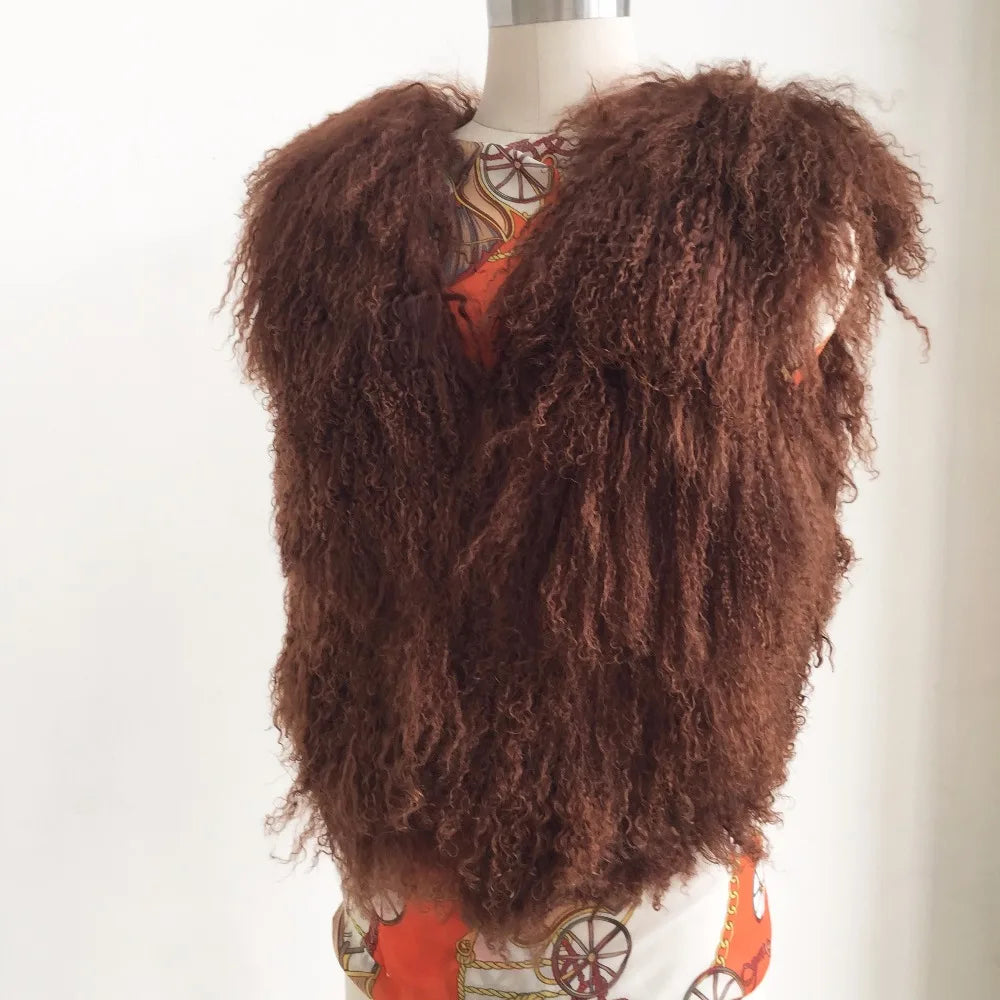 Luxury Long Mongolia Sheep Fur Vest Classical Fashion Trend Design Thick Warm Tan Sheep Fur Jacket Match wsr249