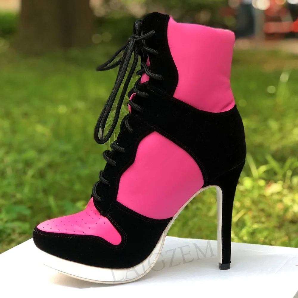 LAIGZEM SUPER Cool Women Ankle Boots Adjustable Lace Up Heel Boots Ladies Shoes Woman Botines Mujer 2020Small Big Size 34-47