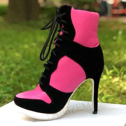 LAIGZEM SUPER Cool Women Ankle Boots Adjustable Lace Up Heel Boots Ladies Shoes Woman Botines Mujer 2020Small Big Size 34-47
