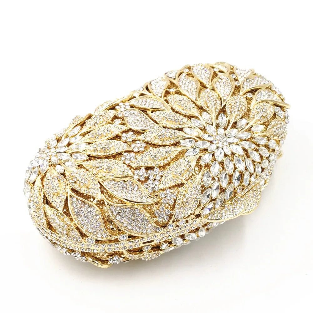 Gold Metal Leaves White Crystals Evening Clutch Bags Luxury Women Wedding Party Purse Ball Handbags Rhinestone Mini Minaudiere
