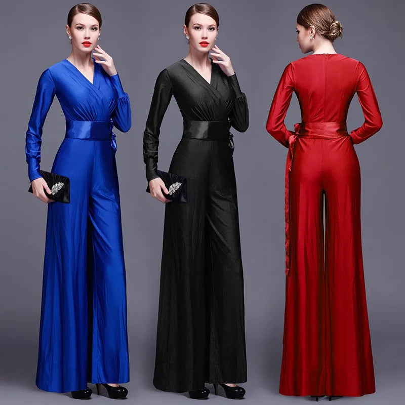 Fashion Women Long Sleeve Sexy V Neck Wide Leg Rompers Belted High Waist Jumpsuits Long Office Ladies Outfits Jumpsuit Colors