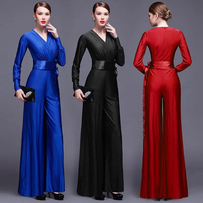 Fashion Women Long Sleeve Sexy V Neck Wide Leg Rompers Belted High Waist Jumpsuits Long Office Ladies Outfits Jumpsuit Colors