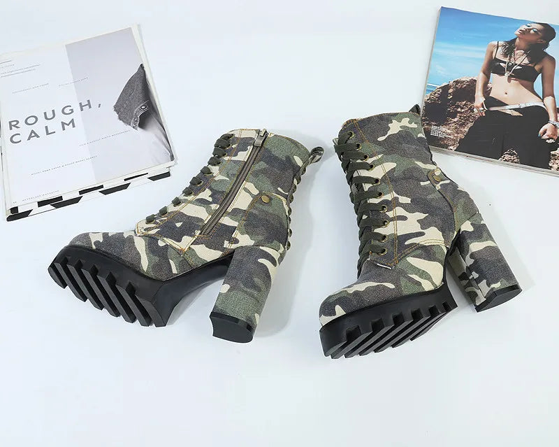 Camouflage Women Ankle Boots Lace-up Chunky High Heel Platform Botas Mujer Ladies Autumn Denim Shoes Riding Boot