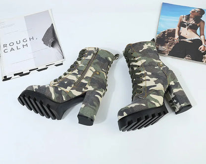 Camouflage Women Ankle Boots Lace-up Chunky High Heel Platform Botas Mujer Ladies Autumn Denim Shoes Riding Boot