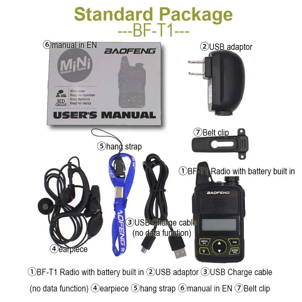 2PCS Baofeng BF-T1 Mini Portable Two Way Radio BFT1 UHF 400-470MHz 20CH Ham FM Transceiver Walkie Talkie with Earpiece