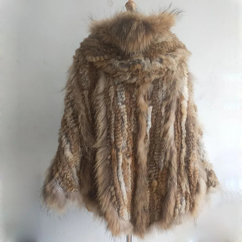 Plus Size Knitted Rabbit Fur Poncho With Hood Women 2024 Fashion Loose Real Fur Shawl Ladies Autumn Hooded Genuine Fur Ponchos