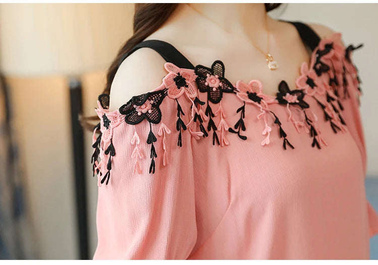 Women Summer Blouses 2024 Short Sleeve Chiffon Women Blouse Shirt Sexy Slash Neck Off Shoulder Top Womens Tops And Blouses B155