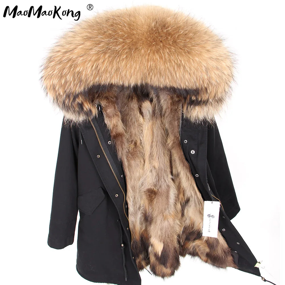 Maomaokong 2026 New Natural Fur Lining Real Fur Coat Winter Jacket Women Raccoon Fur Collar Warm Thick Parkas Female Clothing