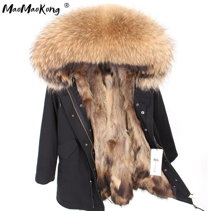 Maomaokong 2026 New Natural Fur Lining Real Fur Coat Winter Jacket Women Raccoon Fur Collar Warm Thick Parkas Female Clothing