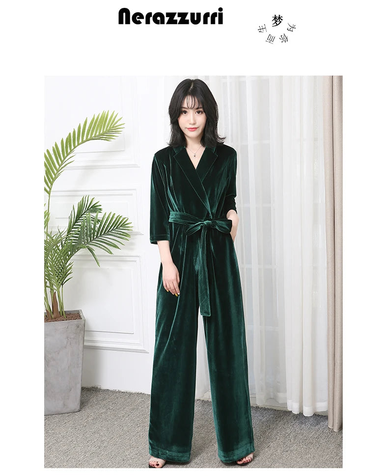 Nerazzurri Spring Autumn Long Soft Flowy Red Velvet Jumpsuit Women with Sleeves Sashes Maxi Black Wide Leg Floor Length Clothes