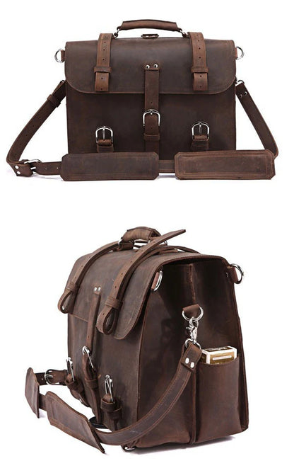 Vintage Crazy Horse Genuine Leather Men Briefcase Business Bag Large Leather Briefcase Male 15.6"Laptop Case Shoulder Bag office