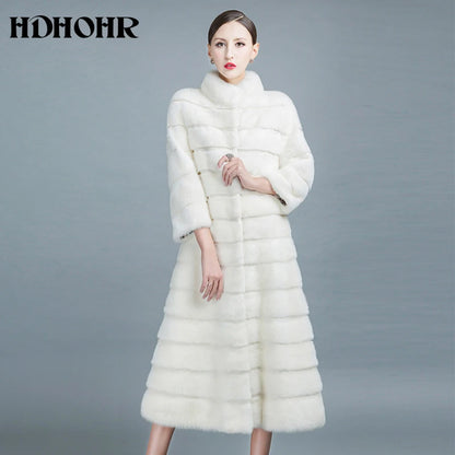 HDHOHR 2026 High Quality Natural Mink Fur Coats Long With Skirt Women Winter Real White Mink Coats Slim Warm Fur Jackets Feamle