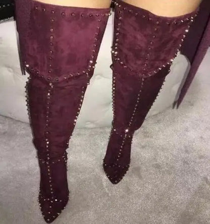 Sexy Green Blue Suede Gold Studs Women Over The Knee Boots Ladies High Heel Thick Slip On Point Toe Rivets Motorcycle Botas