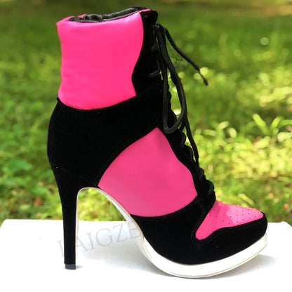 LAIGZEM SUPER Cool Women Ankle Boots Adjustable Lace Up Heel Boots Ladies Shoes Woman Botines Mujer 2020Small Big Size 34-47