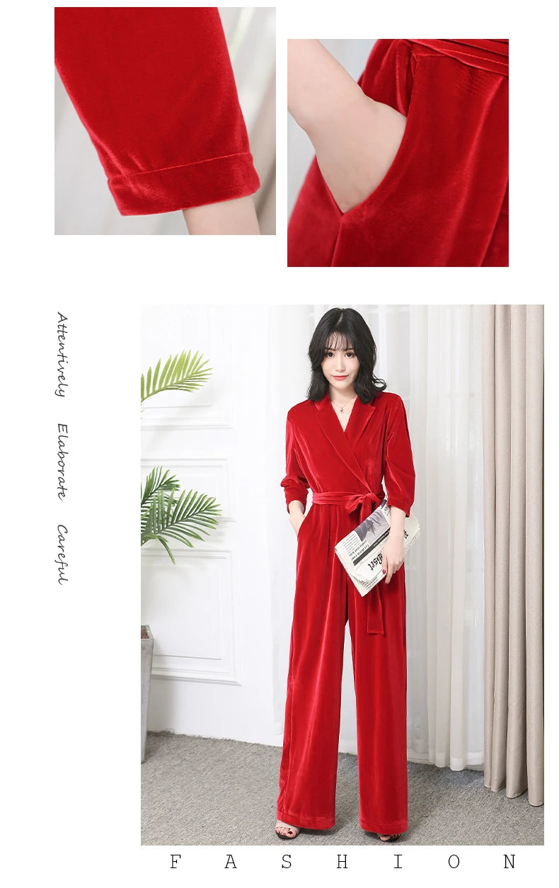 Nerazzurri Spring Autumn Long Soft Flowy Red Velvet Jumpsuit Women with Sleeves Sashes Maxi Black Wide Leg Floor Length Clothes