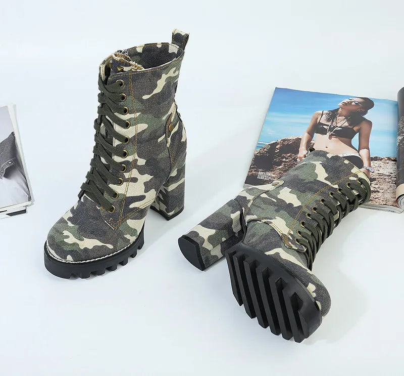 Camouflage Women Ankle Boots Lace-up Chunky High Heel Platform Botas Mujer Ladies Autumn Denim Shoes Riding Boot
