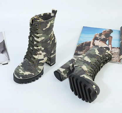 Camouflage Women Ankle Boots Lace-up Chunky High Heel Platform Botas Mujer Ladies Autumn Denim Shoes Riding Boot