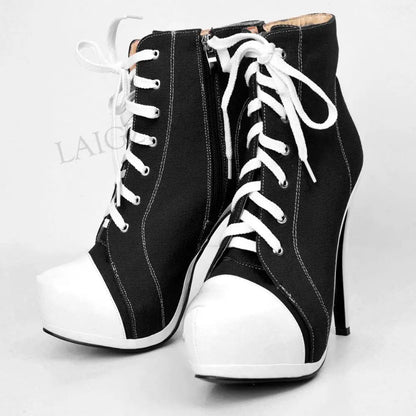 LAIGZEM Canvas Botines Mujer Women Platform Booties High Heel Side Zip Short Ankle Boots Shoes Woman Ladies Large Size 34 42 452