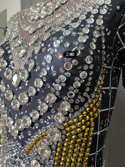 fashion Rhinestones Jumpsuit Crystal Pearl sexy Women Jumpsuits spandex party Nightclub birthday Pole Dance Singer Stage Costume