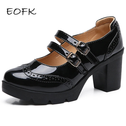 EOFK Women Pumps Shoes Genuine Leather New Mary Jane High Heels Shinny Patent Woman Ladies Shoes Pumps Brogue High Square Heel