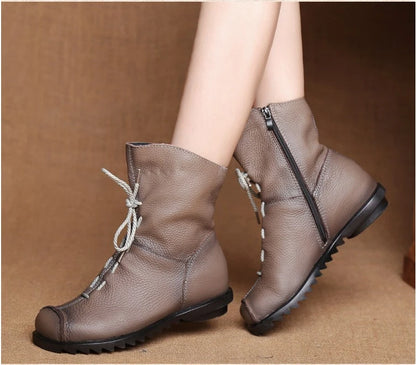 JIANBUDAN/ Genuine Leather Plush Women's Short Boots Retro Casual Autumn Winter Women's Boots Waterproof Leather Warm Snow Boots