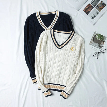 British School Uniform JK Sweater Cute Knitted New Sweater Cotton School Girls Uniform Tops Sweet Long Sleeve Sweater Blue White