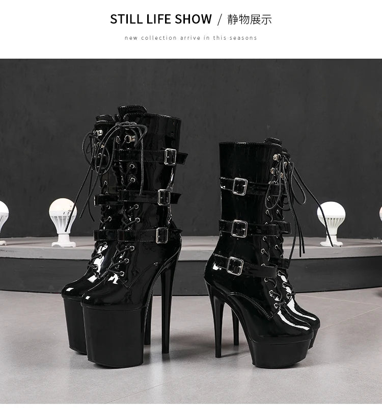 Fluorescent Green Fashionable Women ANKLE Boots Round Toe Side ZIP Short Boots Pole Dance Shoes Platform Heels Three Belt Buck