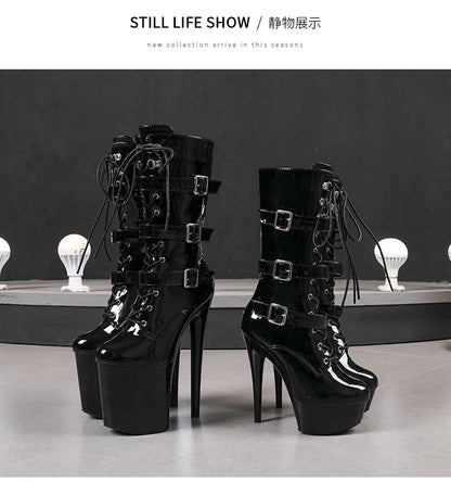 Fluorescent Green Fashionable Women ANKLE Boots Round Toe Side ZIP Short Boots Pole Dance Shoes Platform Heels Three Belt Buck