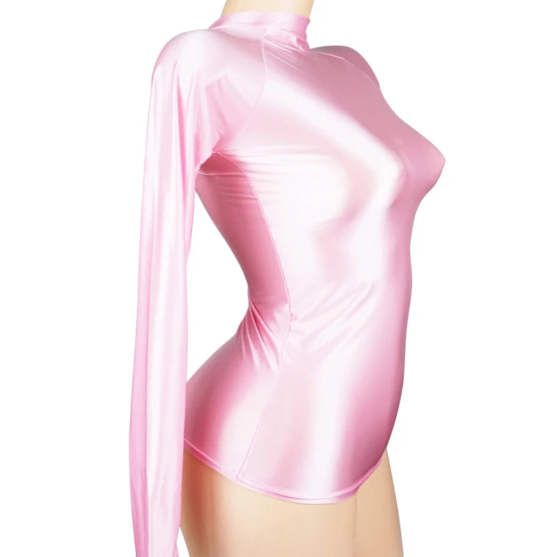 Shiny Long Sleeves Bodysuit Women Glossy Sportswear High Neck Gym Suit Sexy Transparent Leotards Compression Shirt Bathing Top
