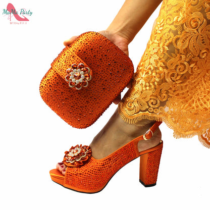 Buckle Strap Sandals Nigerian Women Shoes and Bag Set in Yellow Color with Shinning Crystal Italian Lady Shoes and Bag for Party