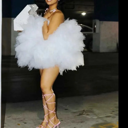 Mini Short WhiteTulle Dress Yong Girls Homecoing Wear Ball GownChic Puffy  Tulle Dress Birthday Robes  FOr Phot Shoot Beach Gown