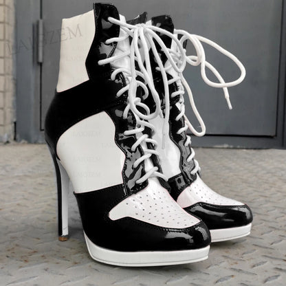 LAIGZEM Women Ankle Boots Round Toe Shiny Thin High Heels Comfortable Lace Up Short Boots Ladies Girls Big Size 41 45 46 47