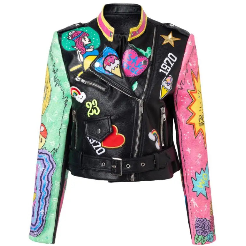 3xl women and men rivet beading pu leather jacket hit color streetstyle Graffiti outerwear letters printed leather jackets