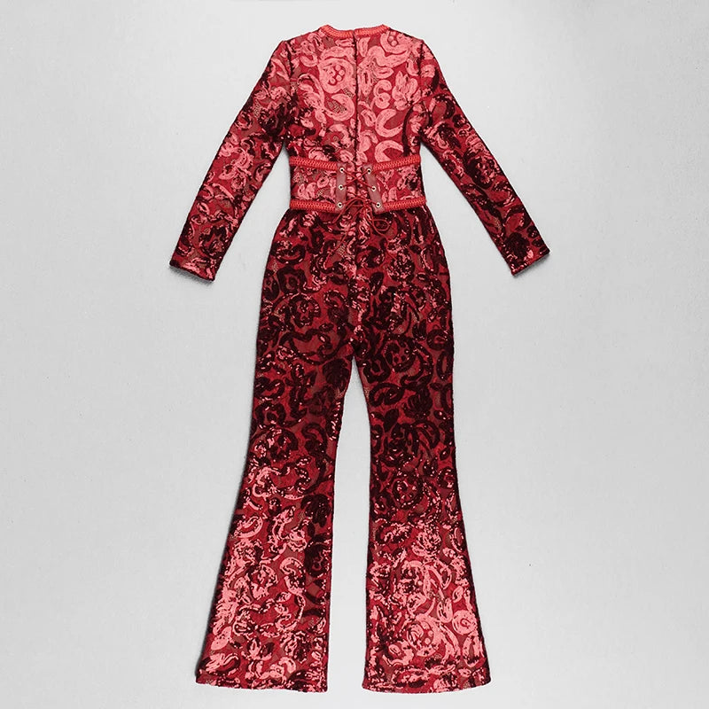 2021 Spring New Jumpsuits Hot Sale Sexy Lace Hollow Out Rompers Red Flame Pants Women's Fashion Club Street Wear