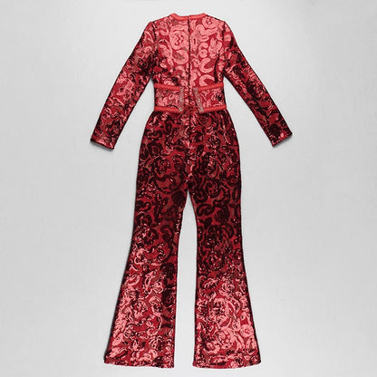 2021 Spring New Jumpsuits Hot Sale Sexy Lace Hollow Out Rompers Red Flame Pants Women's Fashion Club Street Wear