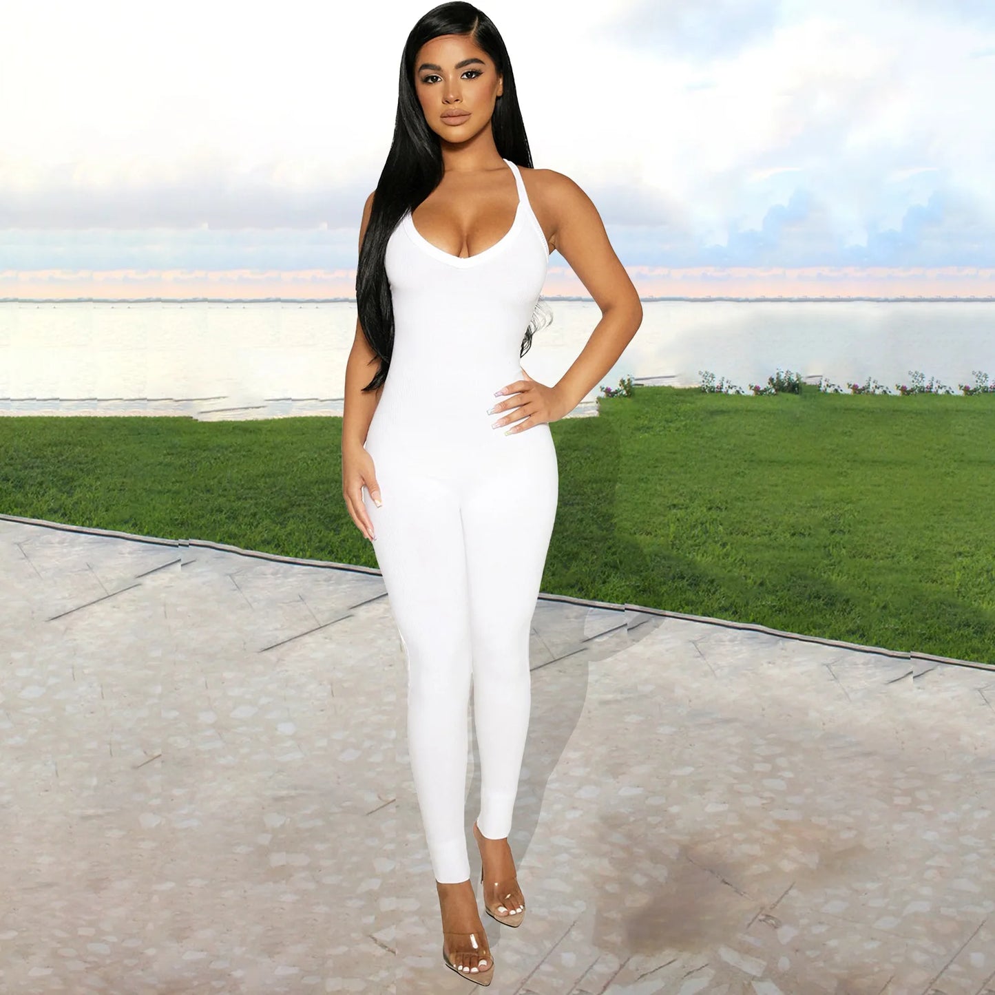 Sexy Cleavage Jumpsuits Women Classic Simple Casual Sporty Wear Sleeveless V-Neck Back Criss Cross Active Casualwear