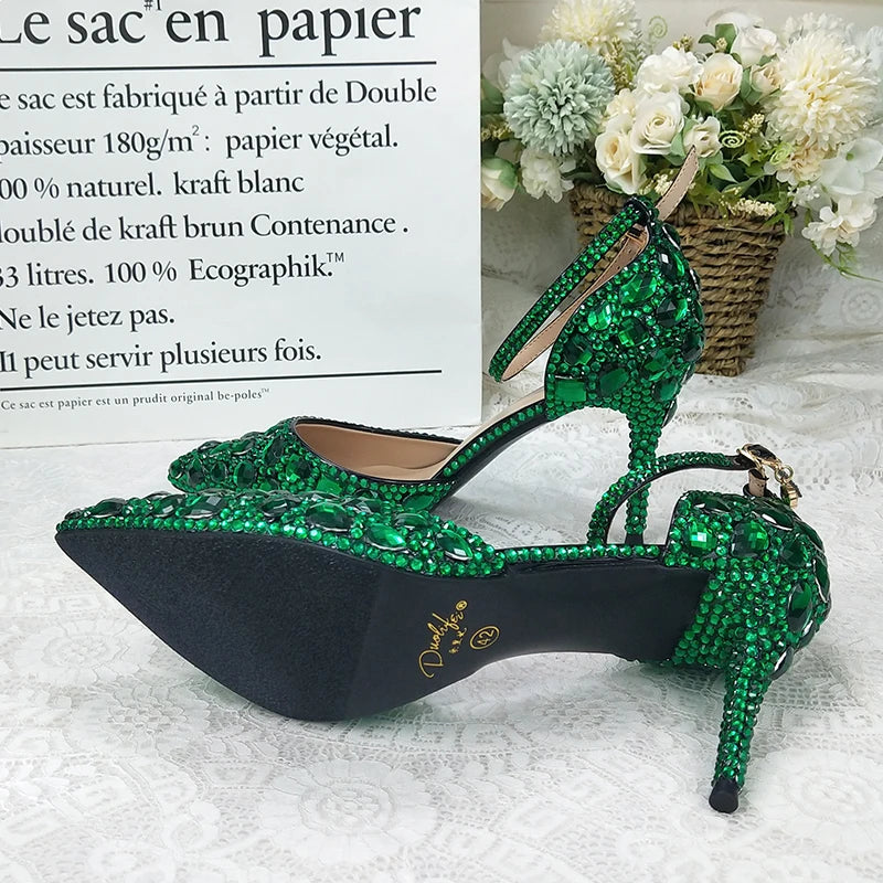 BaoYaFang 2022 NEW ARRIVE Green Crystal Wedding Shoes Woman Thin Heel Pointed Toe Bridal Party Dress Shoe Big Size High Pumps